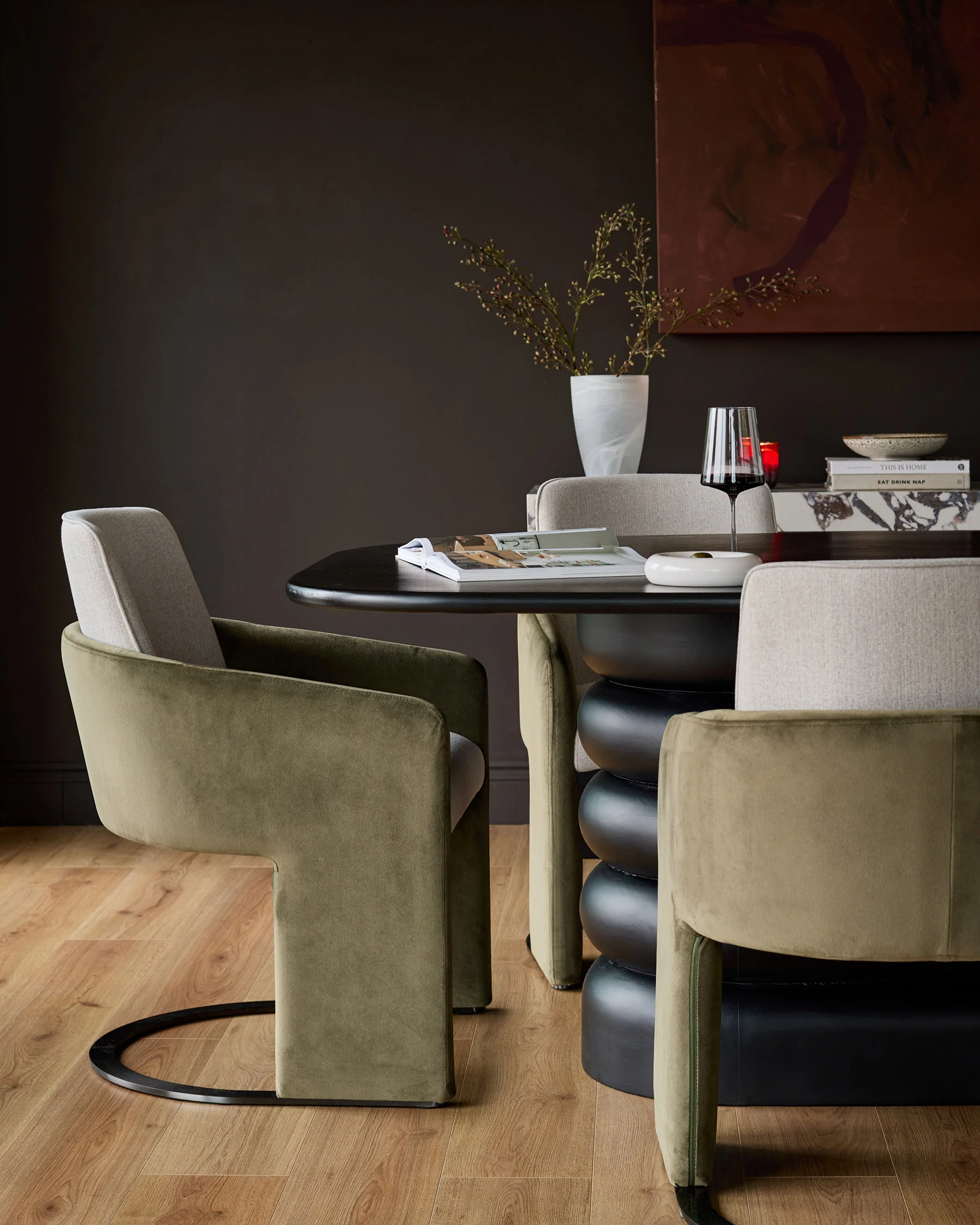Wren natural fabric and olive green velvet black steel cantilever dining chair - Image 8