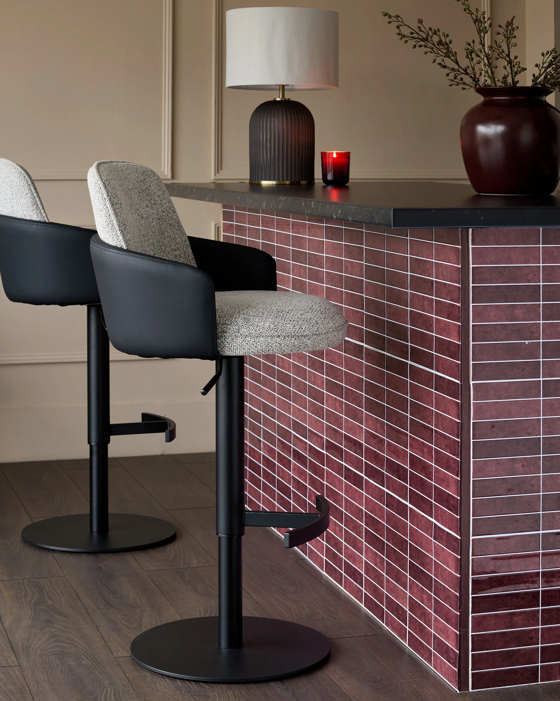 Wren grey fabric and black faux leather gas lift bar stool - Image 3