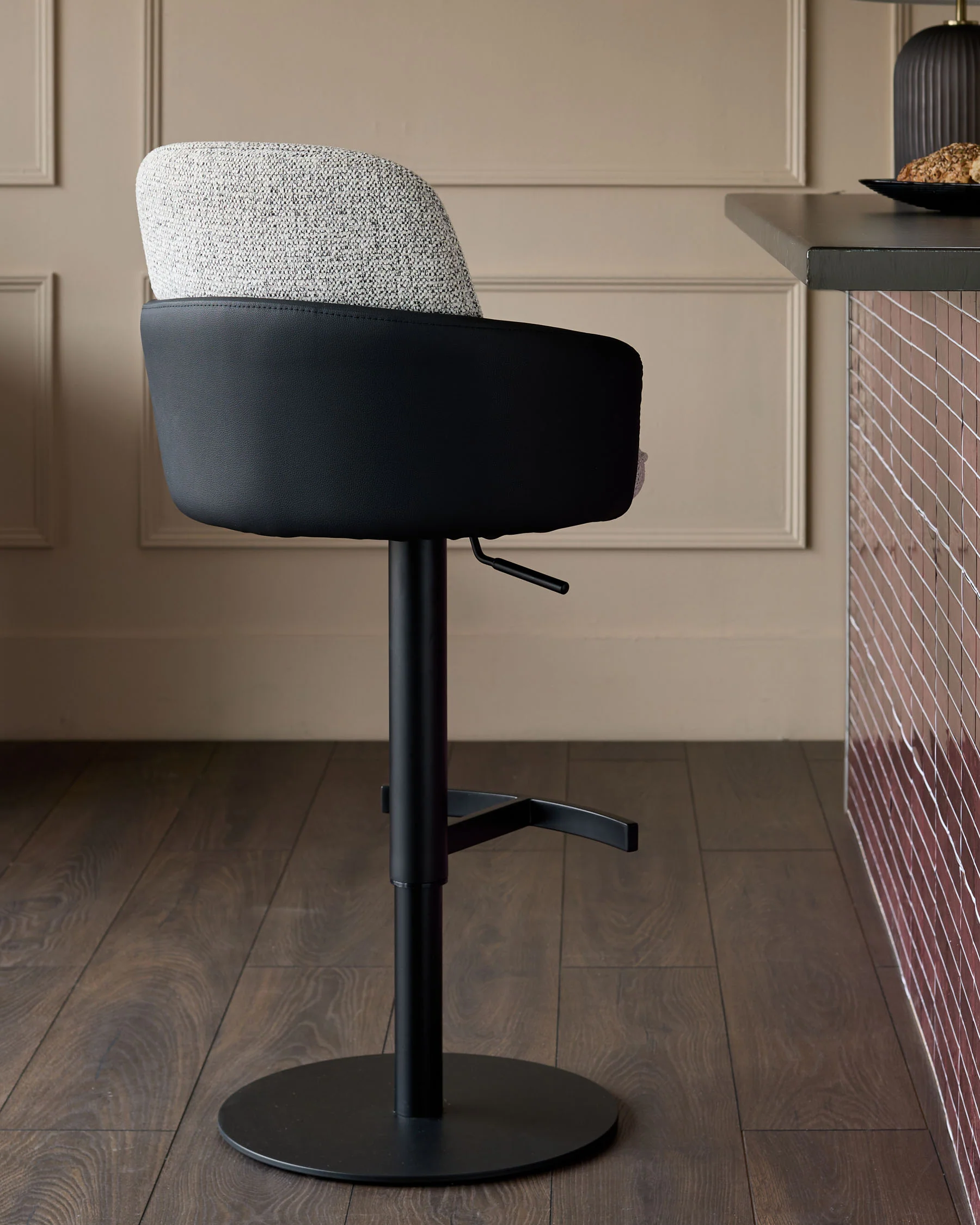 Wren grey fabric and black faux leather gas lift bar stool - Image 4