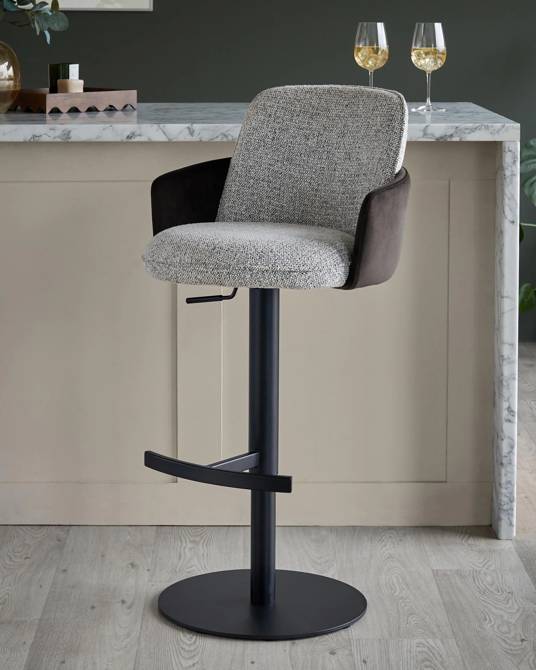 Wren grey fabric and dark chocolate velvet gas lift bar stool