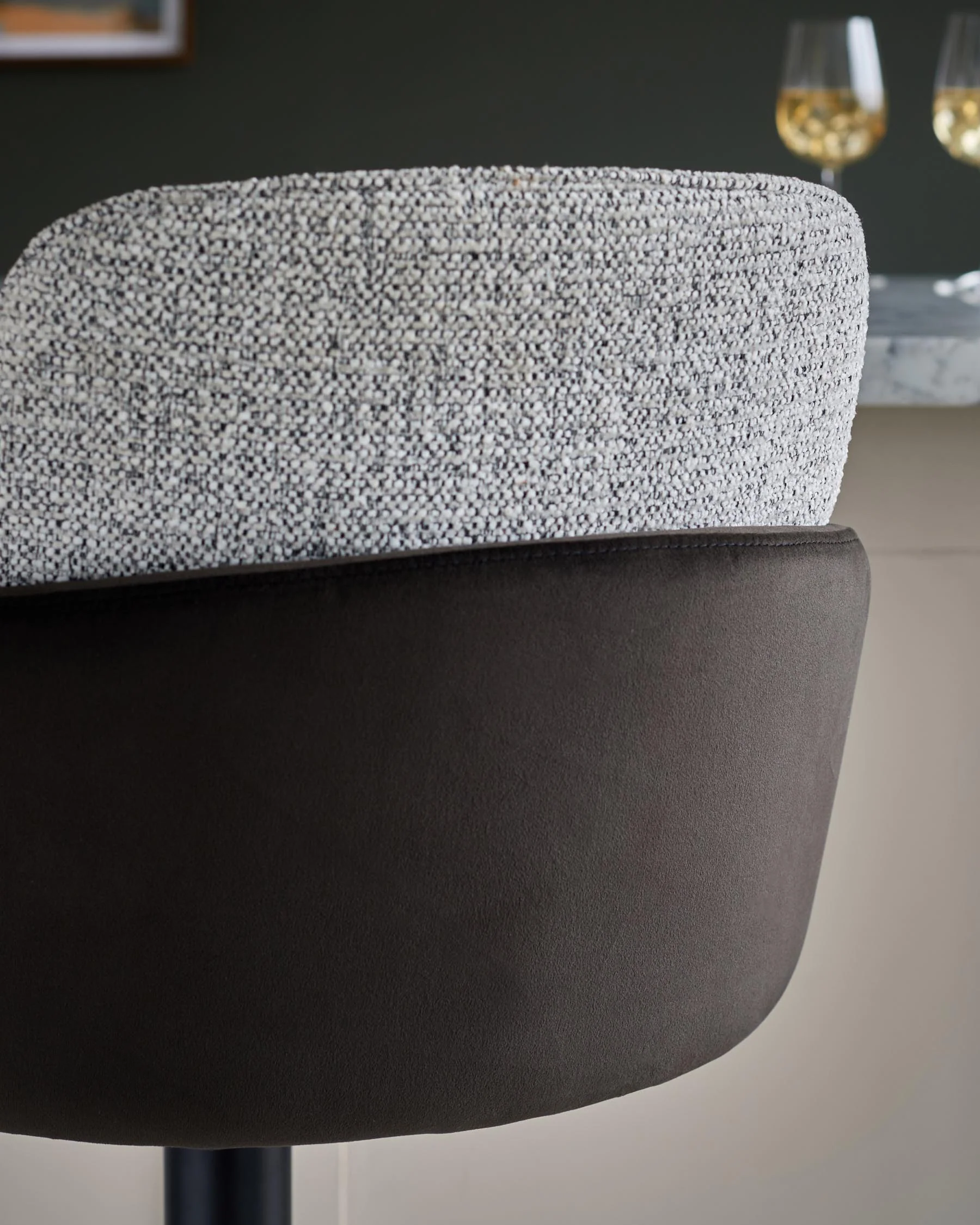 Wren grey fabric and dark chocolate velvet gas lift bar stool - Image 10