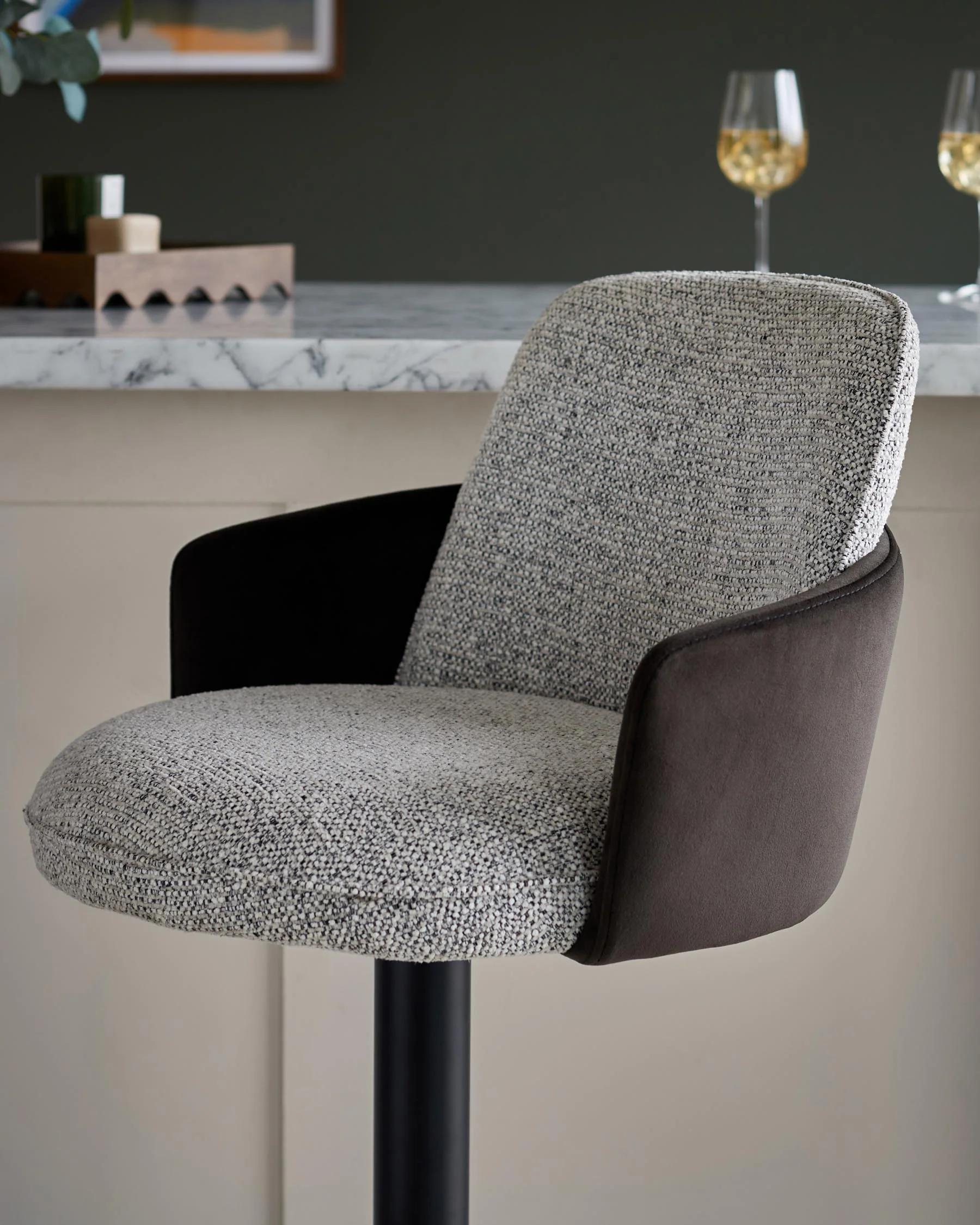 Wren grey fabric and dark chocolate velvet gas lift bar stool - Image 3