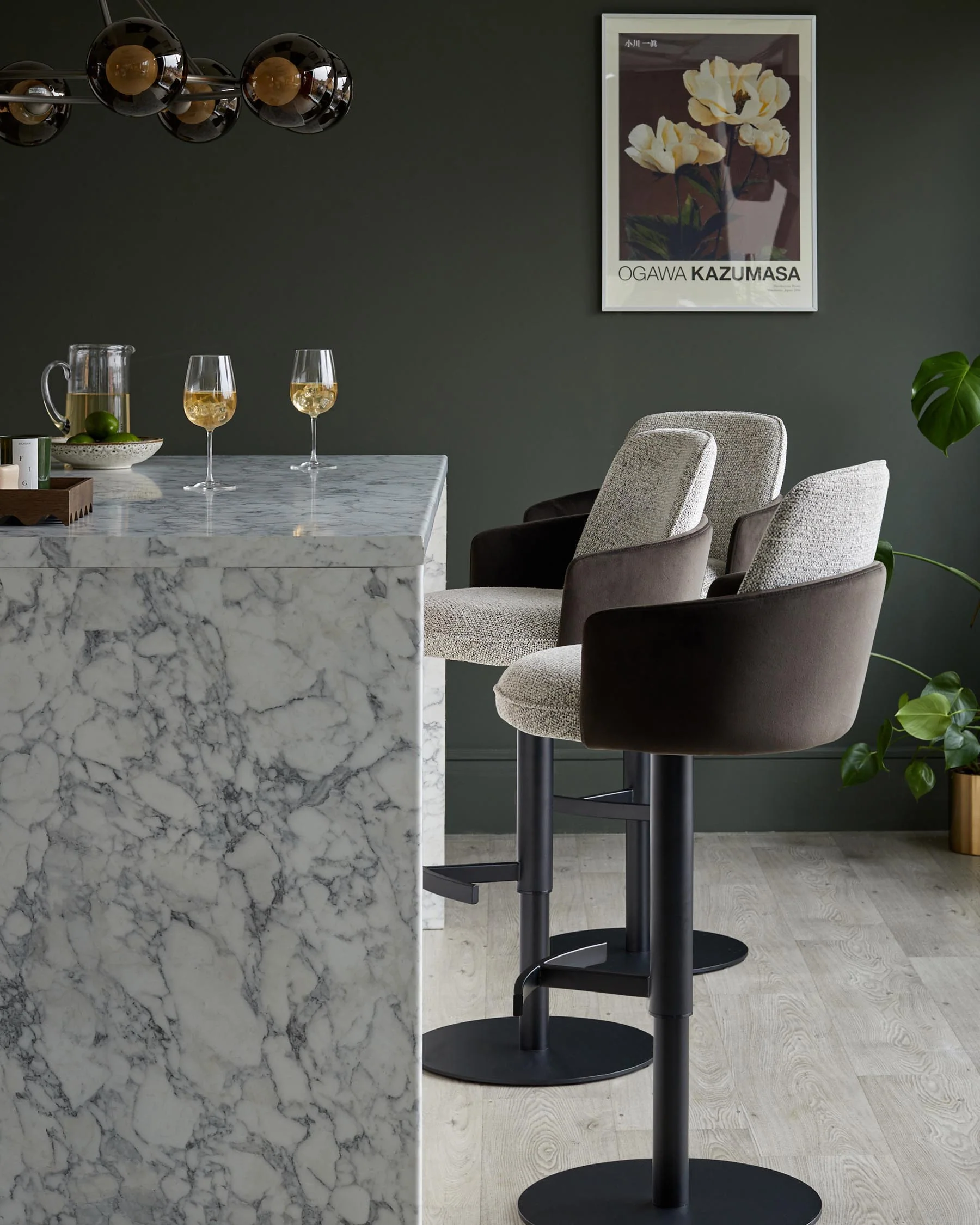 Wren grey fabric and dark chocolate velvet gas lift bar stool - Image 5