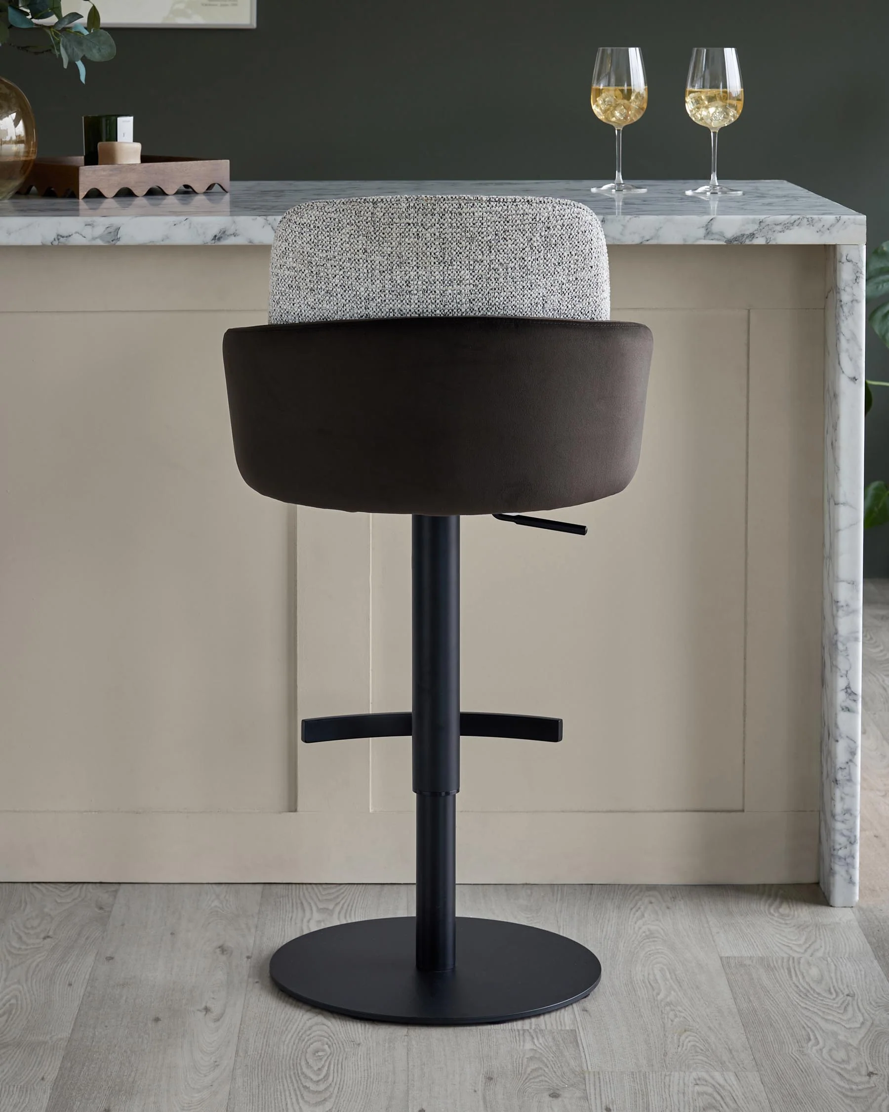 Wren grey fabric and dark chocolate velvet gas lift bar stool - Image 6