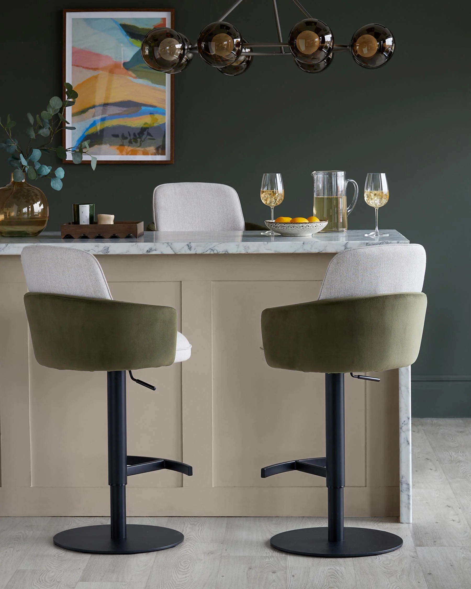 Wren natural fabric and olive green velvet gas lift bar stool - Image 2