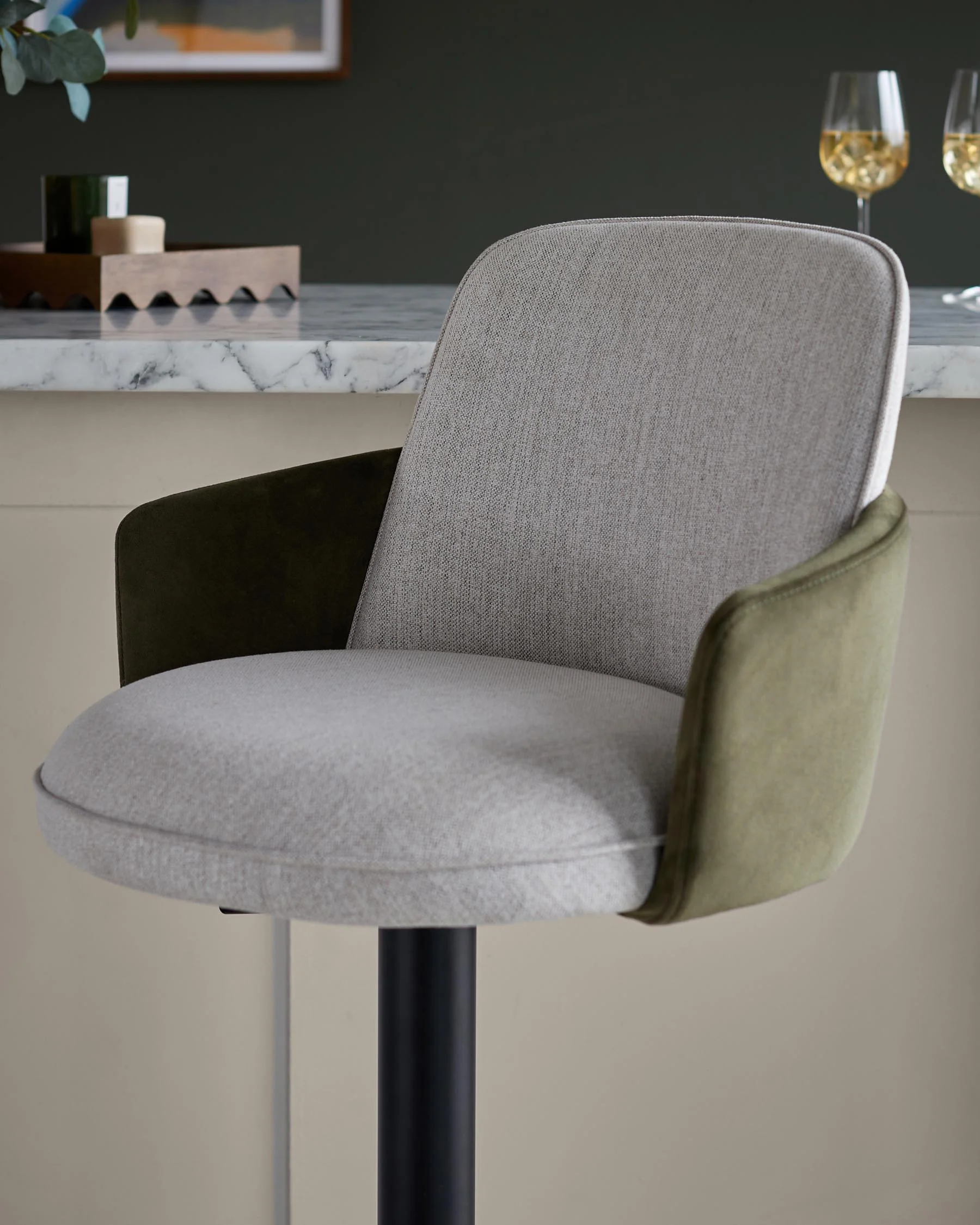 Wren natural fabric and olive green velvet gas lift bar stool - Image 3