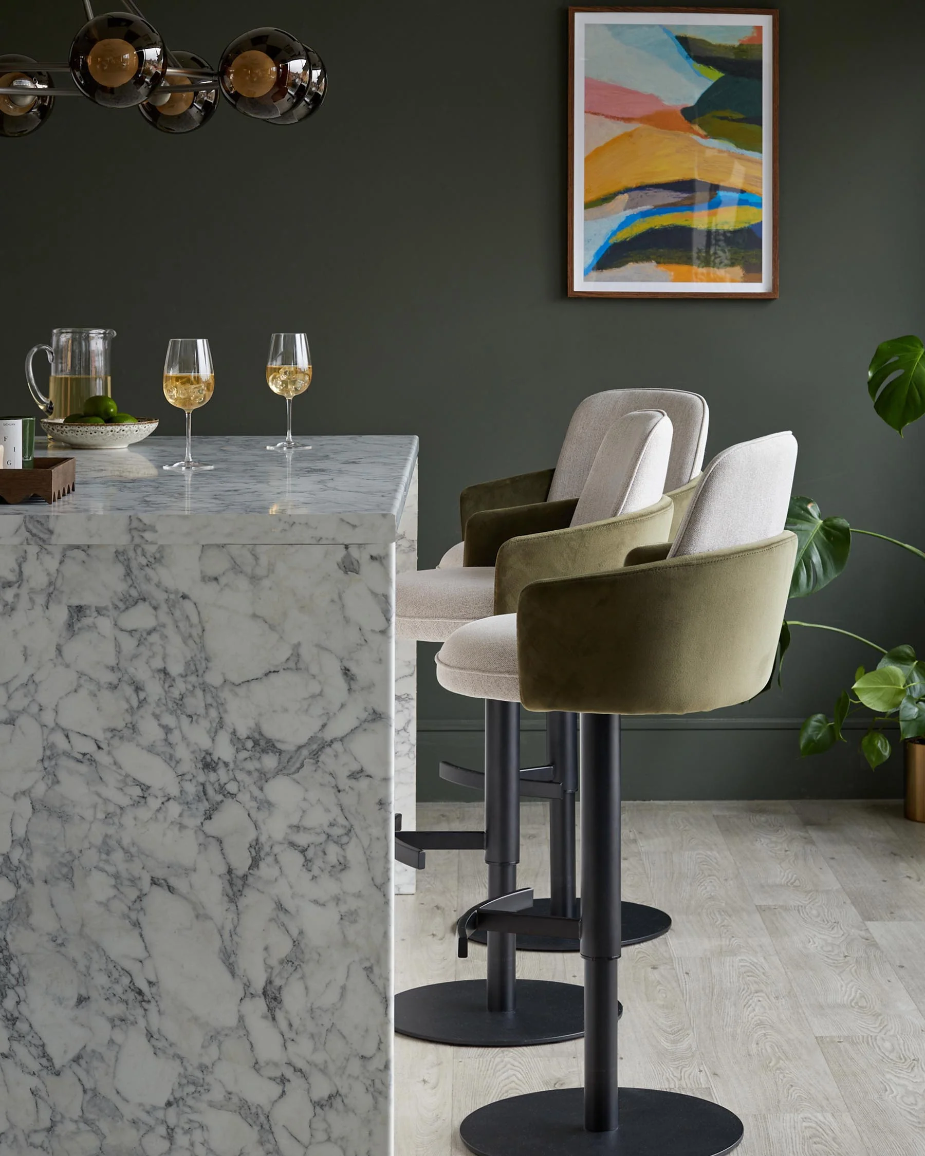 Wren natural fabric and olive green velvet gas lift bar stool - Image 5