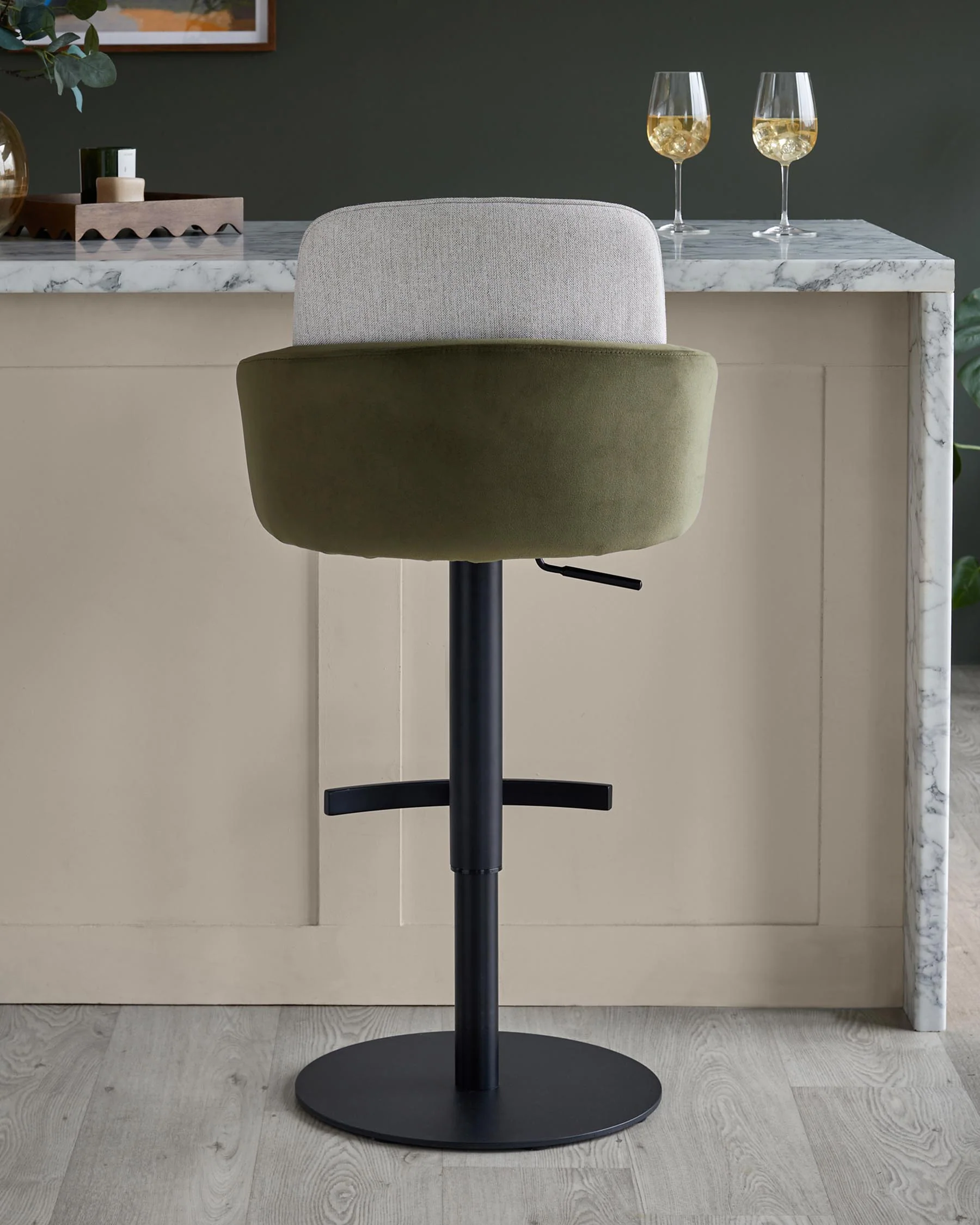 Wren natural fabric and olive green velvet gas lift bar stool - Image 6
