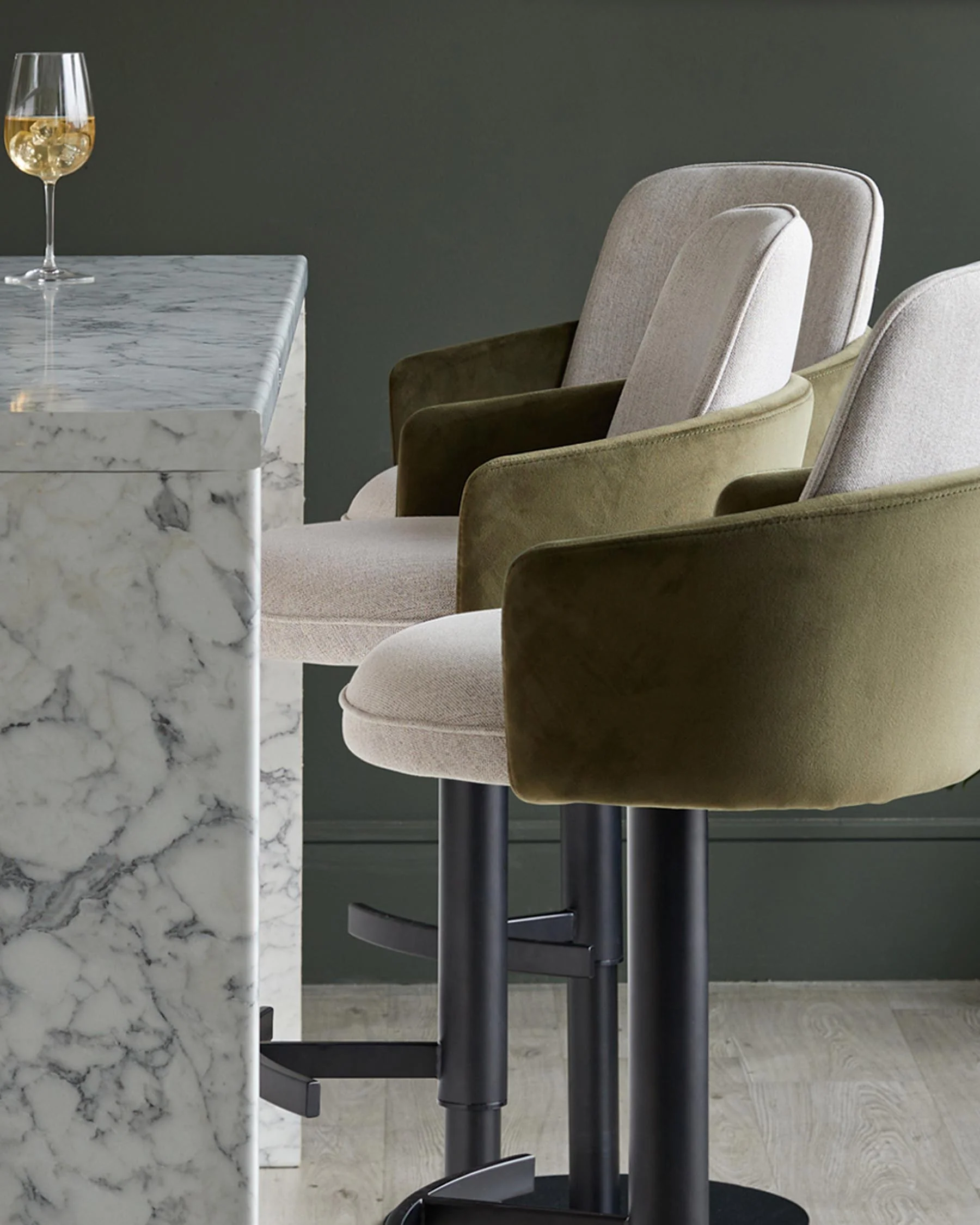 Wren natural fabric and olive green velvet gas lift bar stool - Image 7