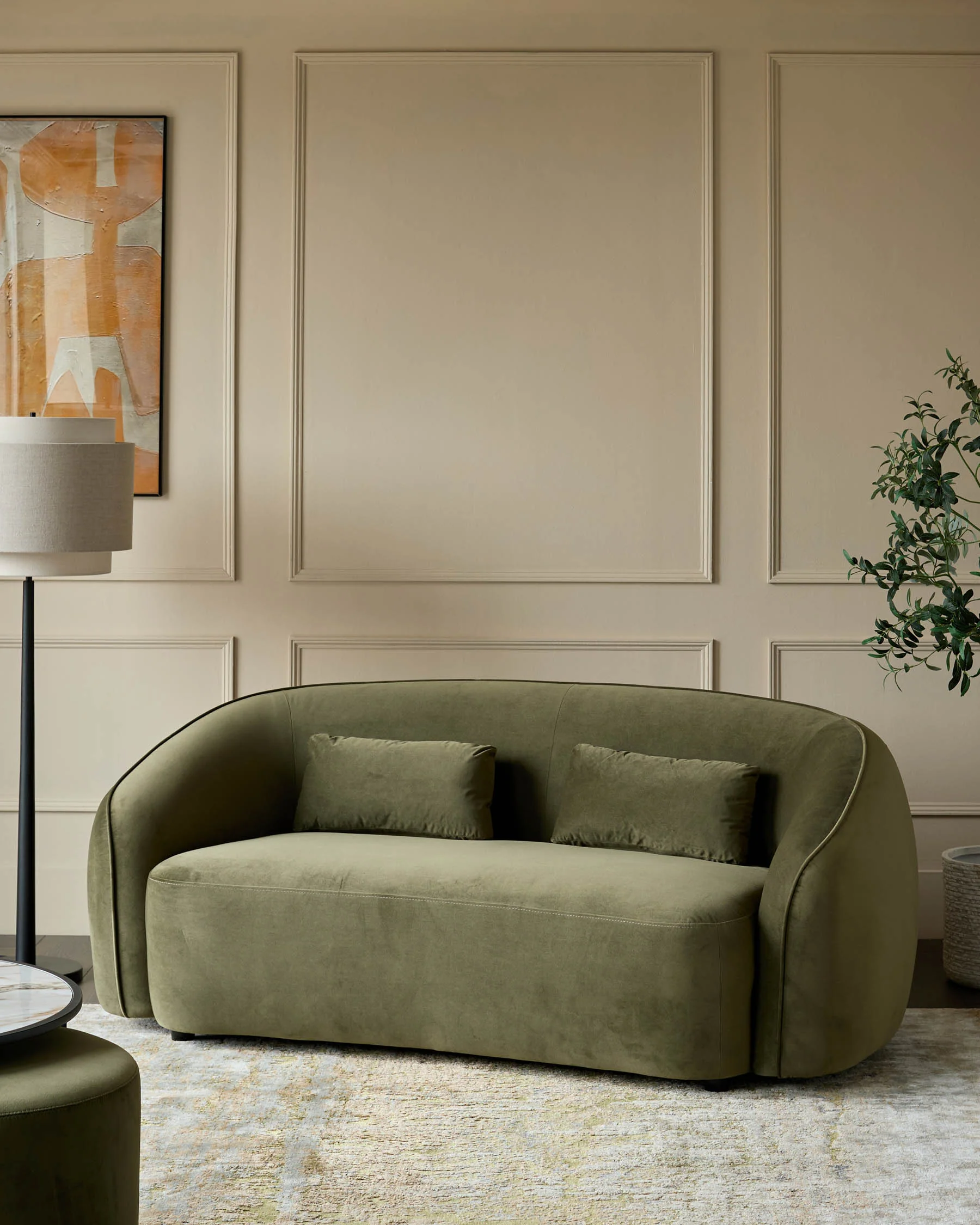 Zoey olive green velvet 2 seater sofa